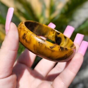 Vtg TESTED Bakelite Bangle Mississippi Mud Marble Swirl Brown Yellow Retro RARE